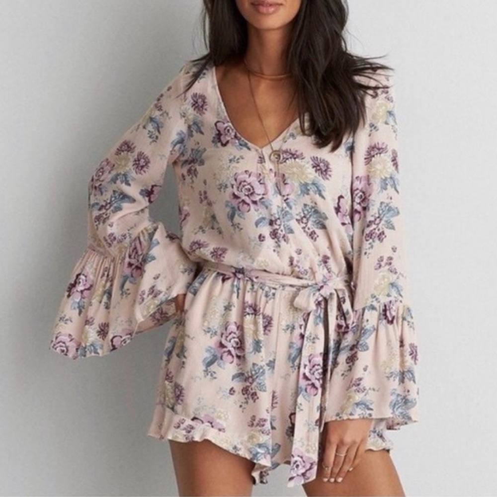 American Eagle Pink Purple Floral Bell Sleeve Romper